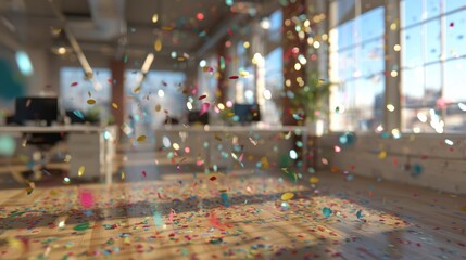 Colorful confetti falls in a bright, modern office space, filling the air and floor with vibrant celebration