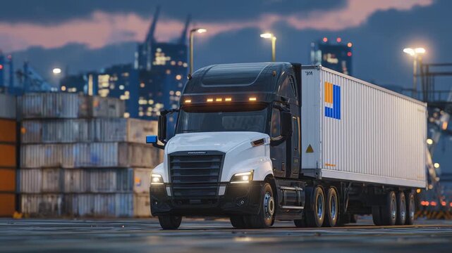 A sleek black semi truck with a vibrant logo is parked beside a white trailer in front of a large stack of white containers.