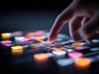 A hand interacts with a futuristic digital touchscreen interface featuring colorful illuminated buttons in a dark setting