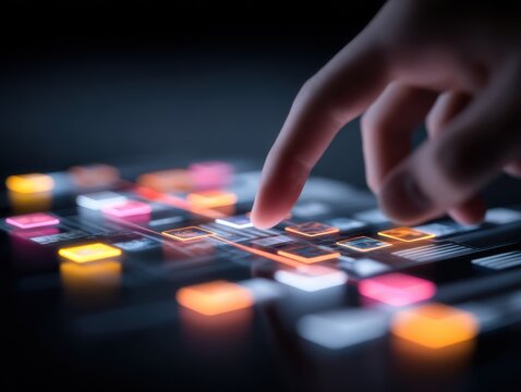 A hand interacts with a futuristic digital touchscreen interface featuring colorful illuminated buttons in a dark setting