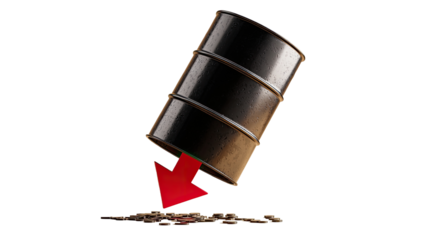 A dark oil barrel tilting downward,  with a red arrow pointing down, resting on a patch of dirt