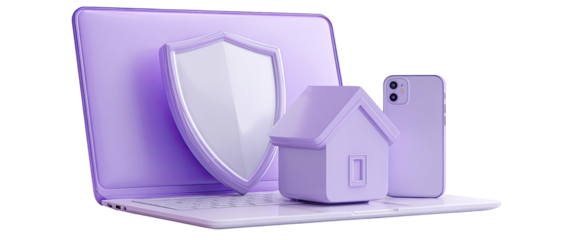 Purple laptop, shield, house, phone.  3D rendered