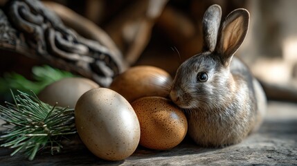 A charming gray rabbit rests amongst a collection of colorful eggs on a rustic wooden surface.