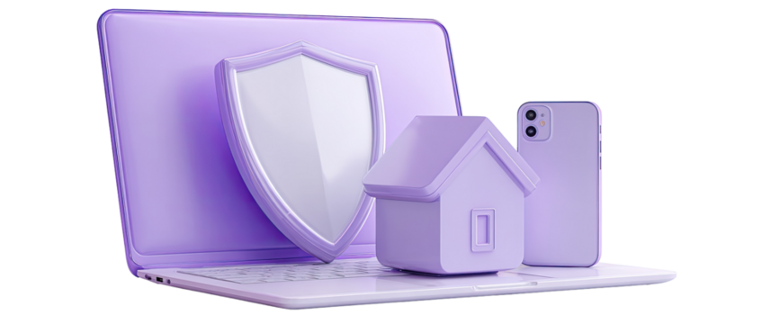 Purple laptop, shield, house, phone.  3D rendered