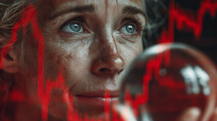 a woman with crystal ball in front of red market graph symbolizing trading risk financial uncertainty business decline economic crisis investment strategy and future prediction