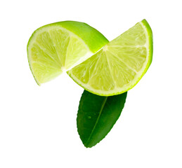Front view of fresh green lemon in two quarters with one green lemon leaf in stack isolated with clipping path in png file format