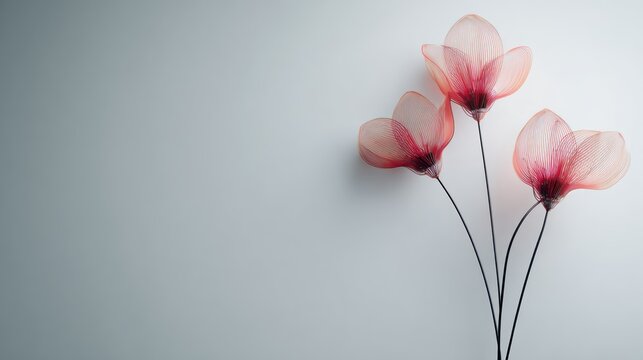 Ethereal flower trio with semi-transparent petals on a subtle gray background