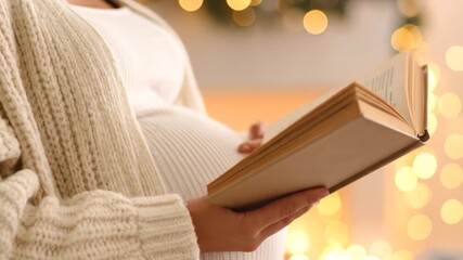 Pregnant woman reading book cozy home - Powered by Adobe
