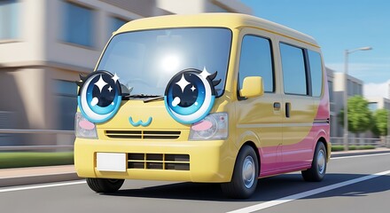 Yellow van with large sparkling eyes and pink accents, driving on a road