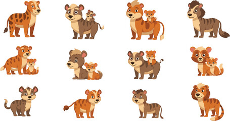 Cartoon hyena animal family set. Cute cubs with parents. Wildlife, illustration, drawing, vector, happy, isolated, safari.
