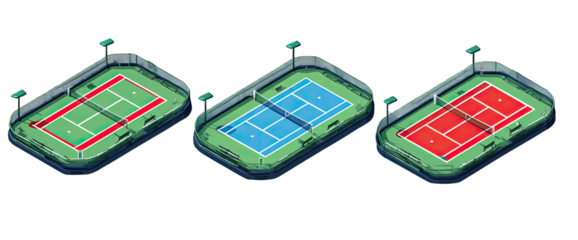 Isometric view of three tennis courts with different colored surfaces