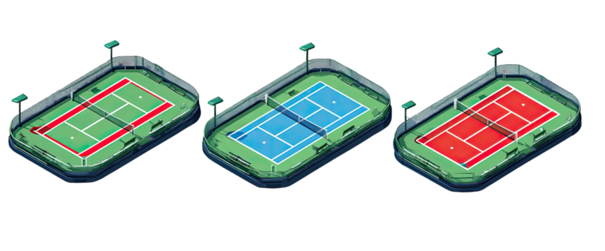Isometric view of three tennis courts with different colored surfaces