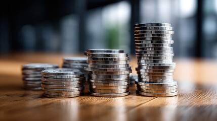 Stacks of metallic coins create a visual representation of accumulating wealth on a wooden surface.