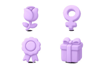 Colorful purple icons featuring a rose, female symbol, award ribbon, and gift box designed for celebration or appreciation