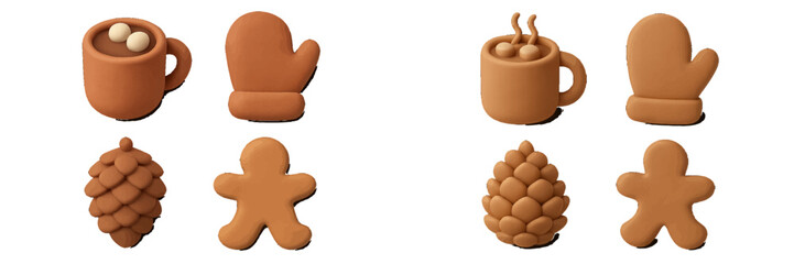 Fototapeta premium Cute terracotta-themed holiday decorations include mittens, mugs, gingerbread figures, and pine cones for festive cheer