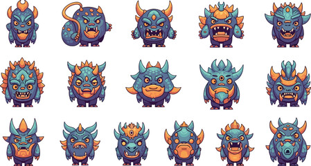 Cartoon monsters with horns and unique features. Fantasy creatures, whimsical characters, vector illustration, colorful, digital art, video game assets.