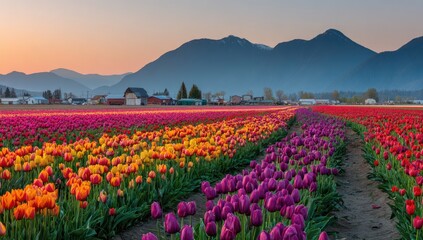 Vibrant tulip field at sunrise, rows of orange, yellow, and purple tulips stretch towards a small town nestled against a majestic mountain range under a soft, pastel sky