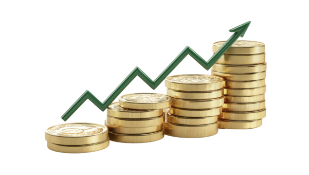 Gold coins stacked in a graph showing upward growth
