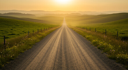 Obraz premium Chasing the sunrise on a serene country road bathed in golden light and whispering fields leading to