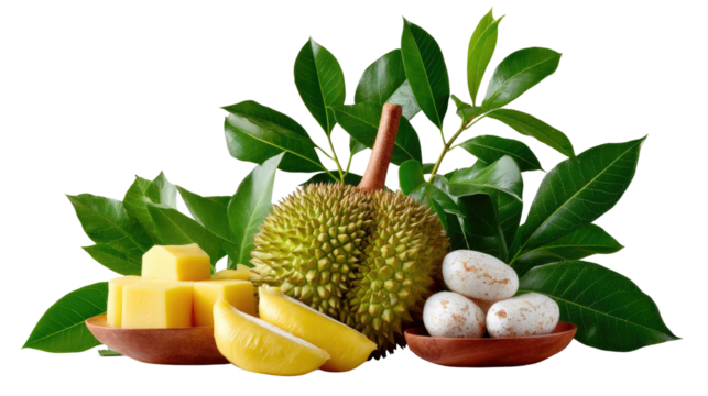 Exotic Culinary Presentation: An eye-level perspective captures the vibrant arrangement of a durian fruit, accompanied by select complements like cheeses and tropical ingredients.
