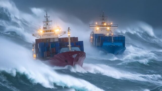 Two massive cargo ships, one red and one blue, navigate a stormy ocean with towering waves and pelting rain.