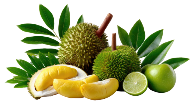 Exotic Durian Feast: A vibrant array of fresh durian fruits with their spiky exteriors and creamy, flavorful flesh, is accompanied by complementary tropical elements.