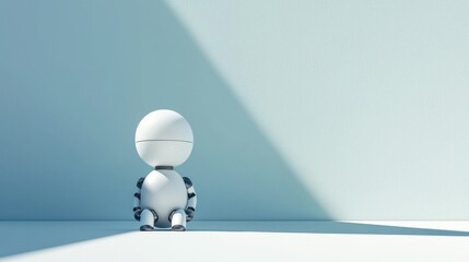 A white robot with a round head and arms, sitting on a blue surface with a light blue background.