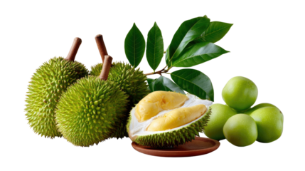 Durian and Apple Still Life: A close-up shot showcases the King of Fruits, accompanied by a cluster of fresh apples, offering a sensory feast of flavors and textures.