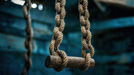 A weathered rope swing hanging from a wooden post in a rustic setting.
