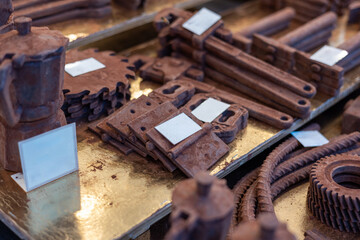 Displaying an artistic arrangement of chocolate tools, hinges, gears, pipes, and a coffee pot on...