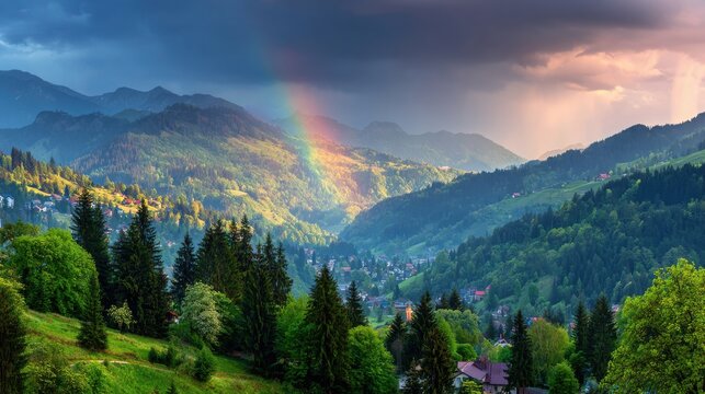Landscape View of Valley Town with Rainbow and Mountains