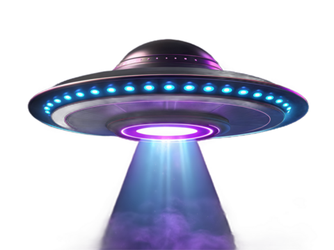 A ufo emitting a purple beam of light isolated on transparent background