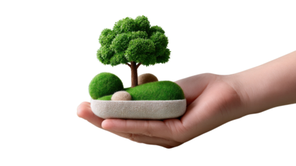 Hand Holding Miniature Tree: A nurturing hand cradles a miniature tree, symbolizing growth, environmental care, and the beauty of nature in a captivating visual display.