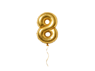 Golden number eight balloon isolated on transparent background