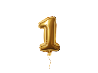 A shiny gold number one balloon isolated on transparent background