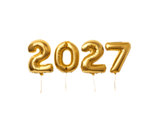 Golden 2027 balloons isolated on transparent background for new year