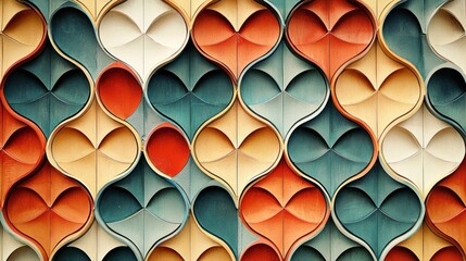 A colorful, geometric pattern of overlapping shapes in shades of orange, blue, and green on a white background.