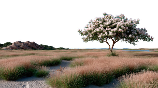 Savannah Serenity: A solitary tree blossoms with purity in a sprawling savanna, creating a sense of calm within the expanse, inviting viewers into the serene expanse of nature.