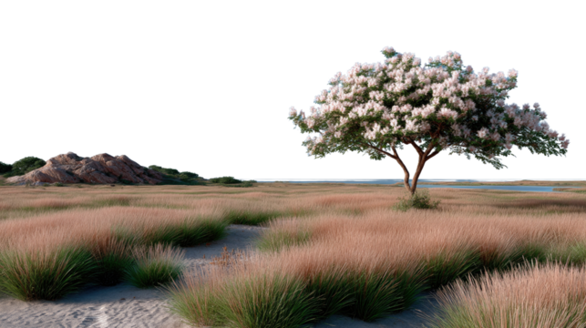 Savannah Serenity: A solitary tree blossoms with purity in a sprawling savanna, creating a sense of calm within the expanse, inviting viewers into the serene expanse of nature.