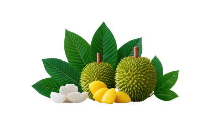 Durian Delight: A studio shot showcases the spiky, exotic durian fruit, highlighting its vibrant green exterior and creamy yellow segments, accompanied by fresh green leaves and delicate white cubes.