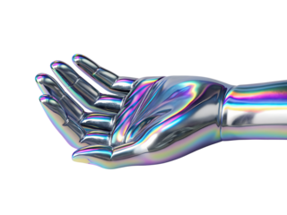 A holographic chrome hand isolated on transparent background