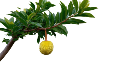 Artocarpus altilis on Branch: A close-up shot showcases the unique breadfruit, artocarpus altilis, gracefully hanging from a verdant branch, with lush leaves framing this tropical delight.