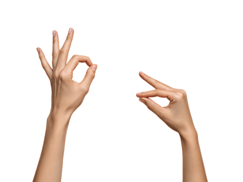 Two hands make the ok and pinch gestures isolated on transparent background