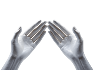 Pair of white painted hands reaching up isolated on transparent background