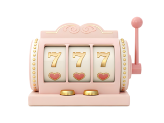 A pink slot machine shows a winning combination isolated on transparent background