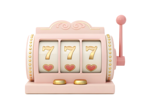 A pink slot machine shows a winning combination isolated on transparent background - Powered by Adobe