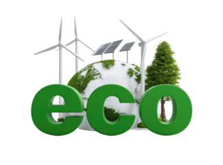 Green 3D text "ECO" on globe with renewable energy