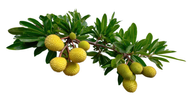 Tree Branch with Fruits: A vibrant, close-up image showcases a branch adorned with lush green leaves and clusters of textured yellow fruits. The photo is perfect for showcasing the beauty of nature. - Powered by Adobe