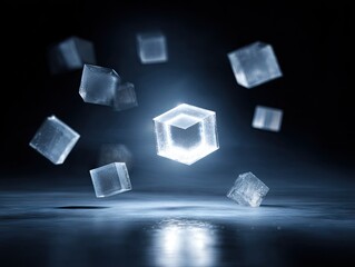 Floating luminous cubes in a dark, reflective environment create a captivating visual.