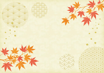 オレンジ、赤の紅葉と和柄の背景_横